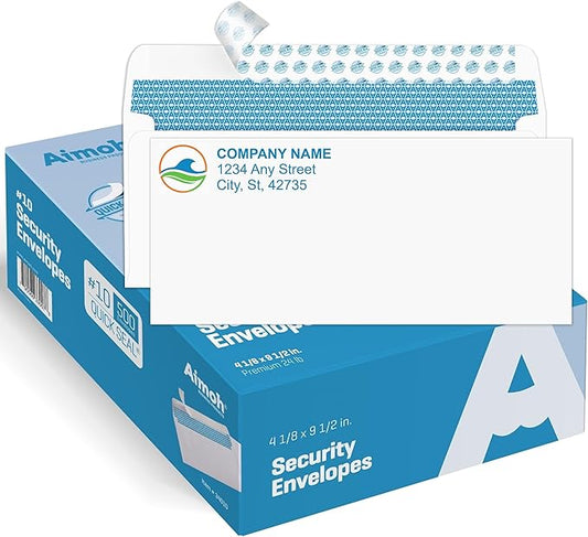 Aimoh 500 Custom Printed #10 Security Self Seal Business Envelopes -Personalized with Logo &Address Customization |Letter Size 4⅛ x 9½, White, 24LB, 500 Count (7-34010-500)