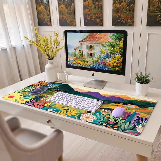 iCasso Large Gaming Mouse Pad 35"x16",Waterproof Desk Mat,Oil Painting | Non-Slip Rubber Base and Stitched Edges, Extended Keyboard Mousepad for Computer, Home Workspace