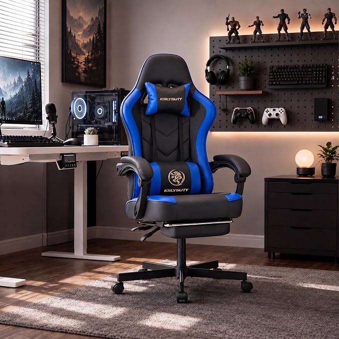 Desk Computer Gaming Chair - High Back Ergonomic Office Chair with Footrest and Lumbar Support, Swivel Comfy Home Gamer Video Game Chairs with Pocket Spring Cushion for Adults (Blue Leather)