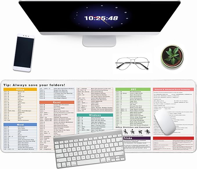 White Design Excel Cheat Sheet Desk Pad, 31.5"x11.8", Waterproof Extra Large Excel Shortcut Mat with Stitched Edges, Anti-Slip Excel Mouse Pad for Office Desk, MS Excel/Word Shortcuts