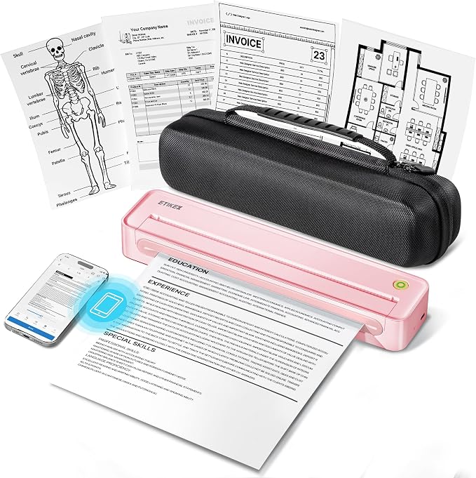 D90E Inkless Portable Thermal Printer with Case 1pack, Pink | Wireless Bluetooth Small Compact Mobile Printer for Travel/Office/School/Home, Compatible with iPhone, Tablet & Laptop