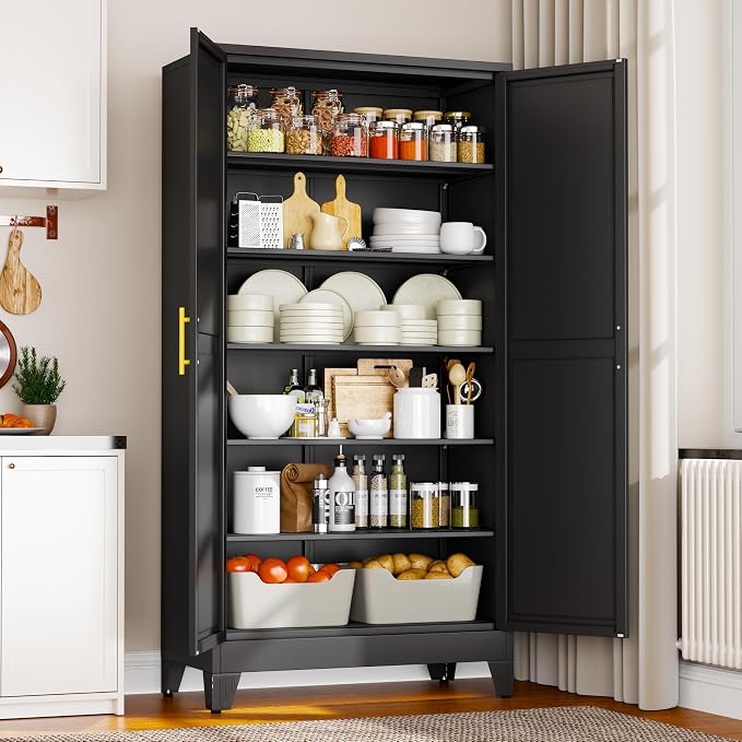 winiowa 78.7" Tall Metal Pantry Cabinet, Kitchen Storage Organizer, Black | with 2 Doors and 5 Adjustable Shelves, Versatile Storage Cupboard for Kitchen, Laundry, Dining & Utility Room