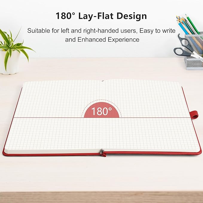 RETTACY Graph Grid Paper Notebook, 2-Pack, 192 Pages per Pack, A5 Medium Size (5.7'' x 8.3''), Leather Hardcover, 100 GSM Thick Paper, for School, Students, Math, Engineering (Black & Red)