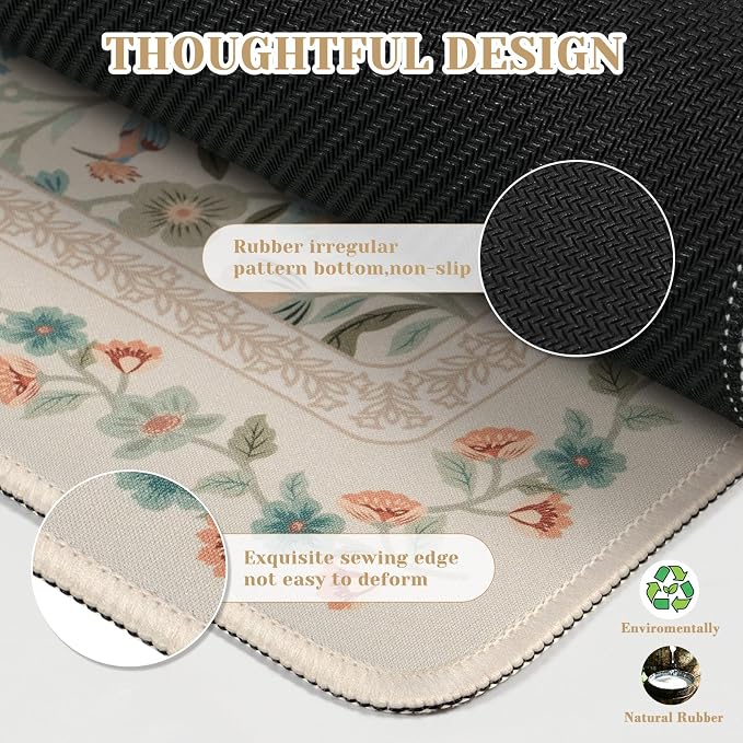 iCasso Aesthetic Flower Mouse Pad for Laptop, 23.6x13.7in Desk Pad, Beige | Desk Matt for Desktop,Anti-Slip Mousepad with Stitched Edges for Laptop Computer Keyboard