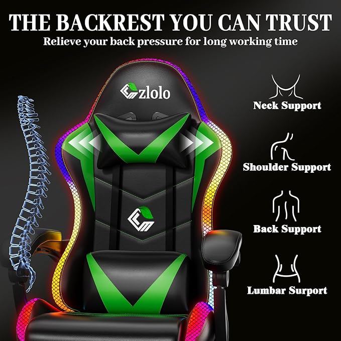 Gaming Chair, RGB LED Lights Computer Chair with Footrest, Lumbar Support Massager Gamer Chair, High Back, 90-135° Reclining, Linkage Armrests, Green