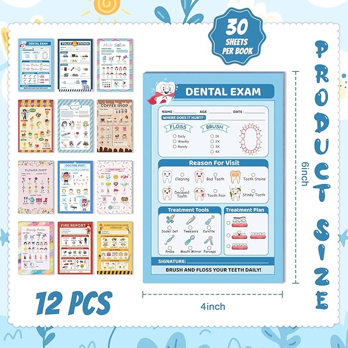 SHIQIKEJIPTY Kids Pretend Play Notepads 4X6 In Pretend Play Notebooks Playtime Notepads Variety Role Play Game Accessories Pages Each for Kids Toddlers 3-5(12,12 Different Theme)