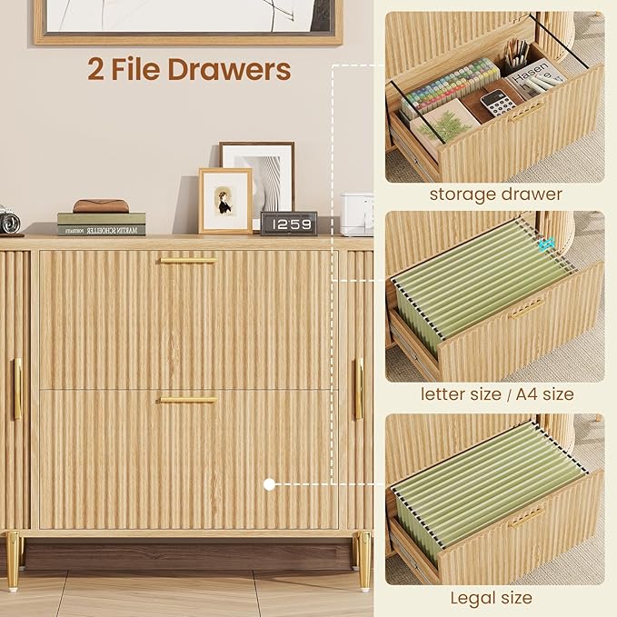 SEDETA Fluted 2 Drawer File Cabinet with 2 Sliding Door for Home Office | 39.4" Filing Cabinet for Home Office,fit Legal/Letter/A4 Siz,Modern File Cabinet with 2 Drawers,Printer Stand,Natural
