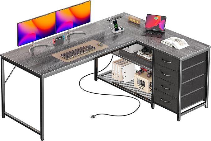 53" L Shaped Desk with Power Outlets & 4 Drawers | Reversible Computer Desk with 2 Storage Shelves, Large Corner Office Desk for Gaming Writing Work Study, Grey