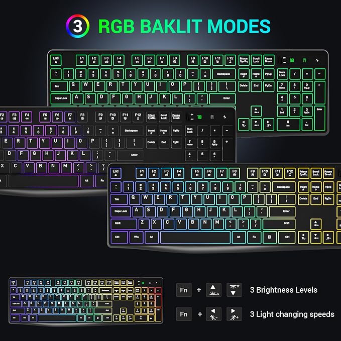Wireless Keyboard and Mouse Combo, Lovaky 2.4G Full-Sized Ergonomic Keyboard Mouse, 3 DPI Adjustable Cordless USB Keyboard and Mouse, Quiet Click for Computer/Laptop/Windows/Mac (RGB Rainbow, 1 Pack) | Backlit, Low profile Keys, 3 DPI Adjustable, 2.4G ...