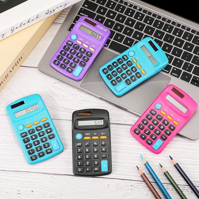 12 Pack Pocket Size Mini Calculator Basic Calculator for Students 8 Digit Display Solar Battery Dual Power Small Desktop Home Office School Students Kids, 4 Colors