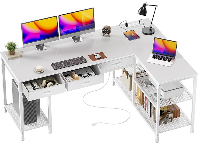 55 Inch L Shaped Office Desk with Power Outlets and Type-C Port, Large Computer Gaming Desk with 3 Fabric Drawers, Mesh Shelves, Corner Study Work Writing Desk, White