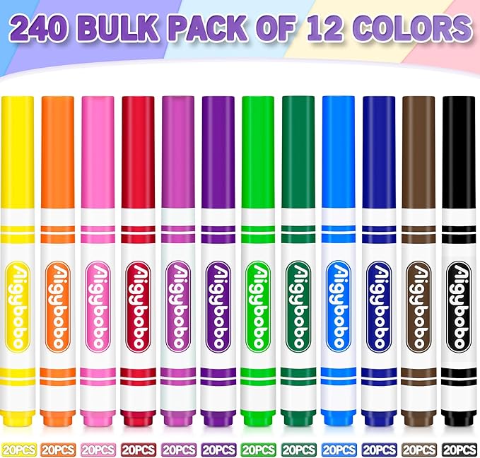 Aigybobo 240 Count Washable Markers Bulk, 12 Assorted Colors, Broad Line Conical Tip Coloring Marker for Kids, Markers Bulk Pack for Classroom, School Art Supplies & Back to School Supplies