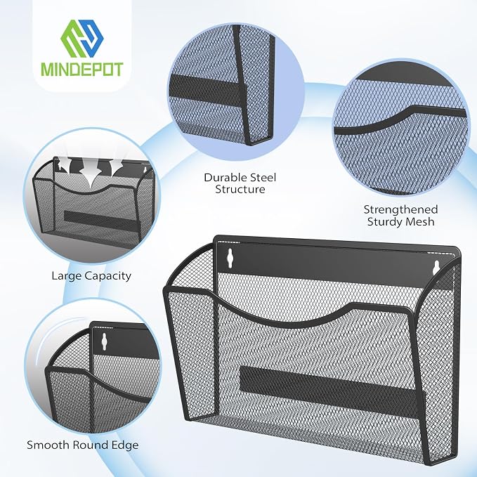 MINDEPOT Magnetic Wall File Organizer, Hanging File Holder, 6 Pack, Black | Heavy Duty Iron, Powerful Magnet, Metal Mesh Wall Mount, Single Pocket, for Office School Classroom Home, Letter A4 Size