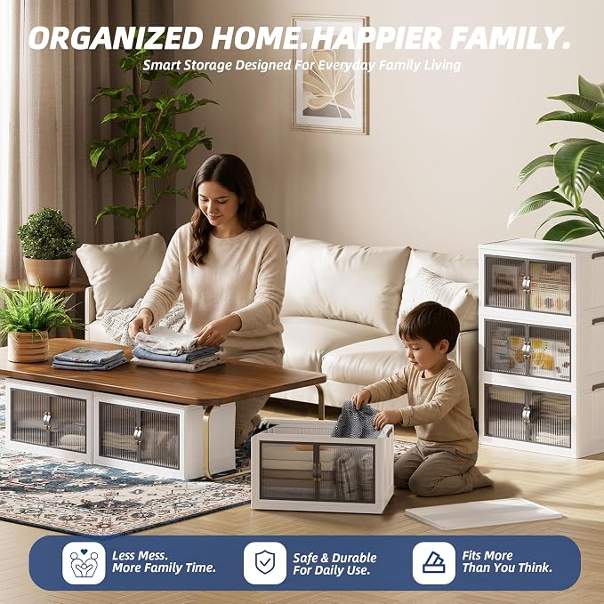 SAILUN 348Qt Stackable Storage Bins,Storage Cabinet with a Lid,3 Pack White | Stackable Storage Drawers with Lids,26" W x 17" D x 43.7" H,Featuring open-front Access for Clothes and Closet Storage