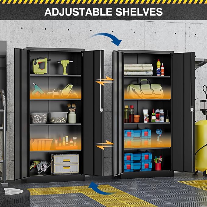 Fesbos Metal Storage Cabinet-71” Tall Steel File Cabinets with Lockable Doors and Adjustable Shelves-Black Steel Storage Cabinet for Home,Kitchen, School, Office, Garage