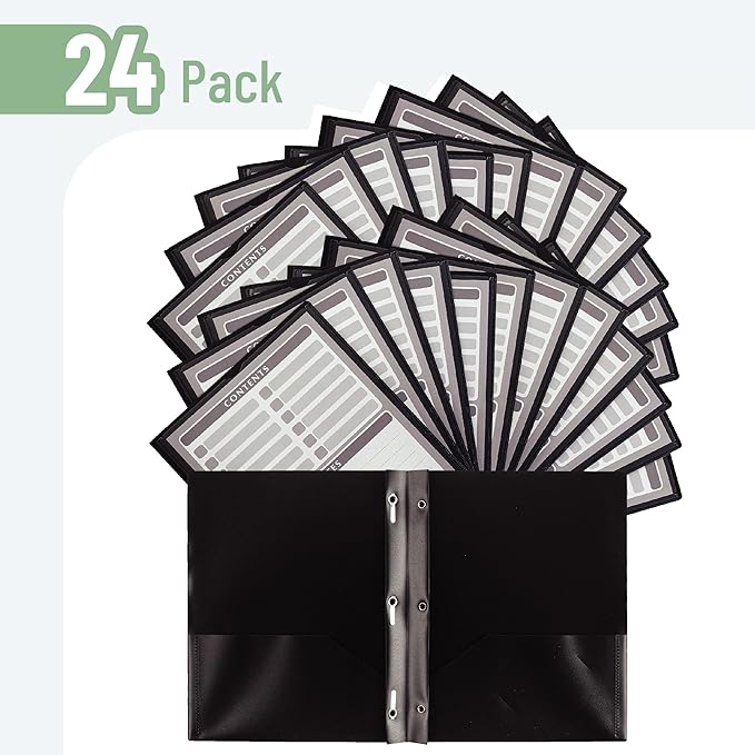 Mr. Pen- Black Plastic Folders with Pockets and Prongs, 24 Pack, Letter Size, Black Flexible Plastic Folders with Prongs, Clear Front Pocket and Card Slot