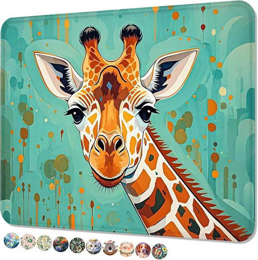 Mouse Pad, Cute Mouse Mat, 10" x 8", Green Cartoon Giraffe | Square Waterproof Gaming Computer Mat, Textured Top, Stitched Edges, Non-Slip Rubber Base for Office Home Laptop Keyboard