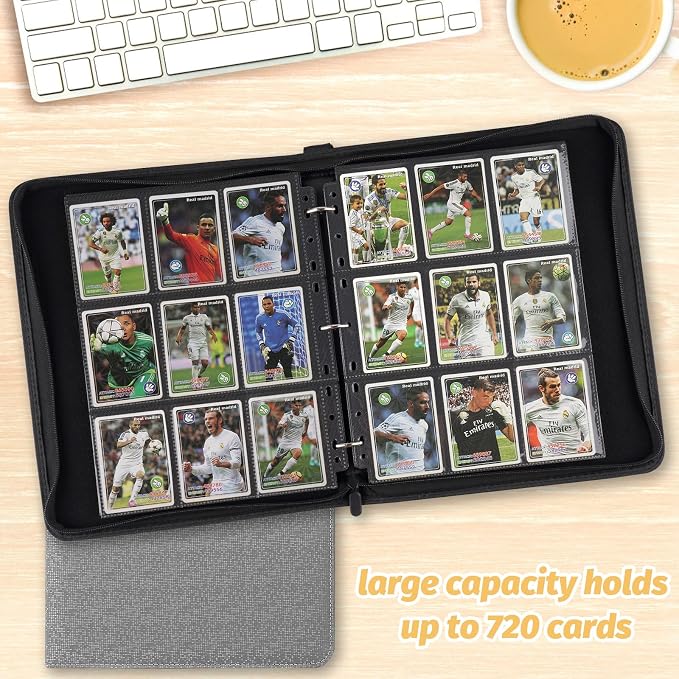 GERMUN 3 Ring 9 Pocket Zipper Card Binder, 720 Double Sided Standard PU Trading Card Album Folder for TCG & Sports Cards, Not Fit Top Loaders(Grey2)