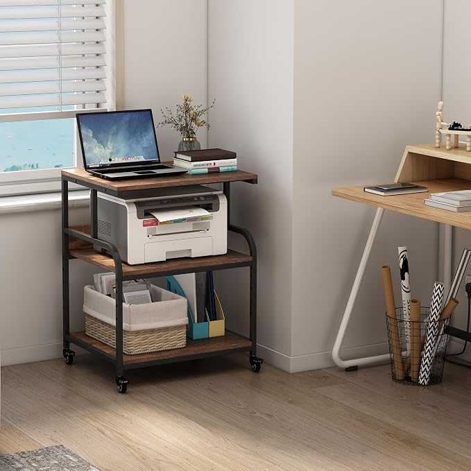Fannova Large Printer Stand Table with Height Adjustable Storage Shelf | 23.6"x18.9"x30", Metal Frame, Industrial Wheels, 3 Tier Rolling 3D Printer Cart for Home Office Organization, Rustic Brown