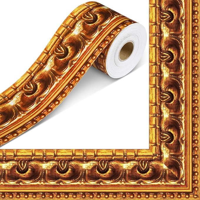Outus 68FT Gold Frame Bulletin Board Border Die-Cut Straight Border Trim for Classroom Chalkboard, Picture Frames, Artworks, Walls, Mirrors & Office Decor, Classic Metallic Frame Molding(Funky)