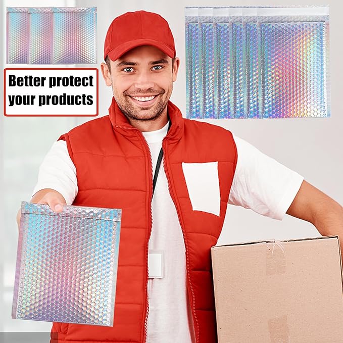 25 PCS Holographic Bubble Mailers,8.5x12 Inch Poly Padded Envelopes,Metallic Bubble Mailers,Waterproof Shipping Bags,Self Sealing Cushion Envelopes for Mailing Packaging Small Business
