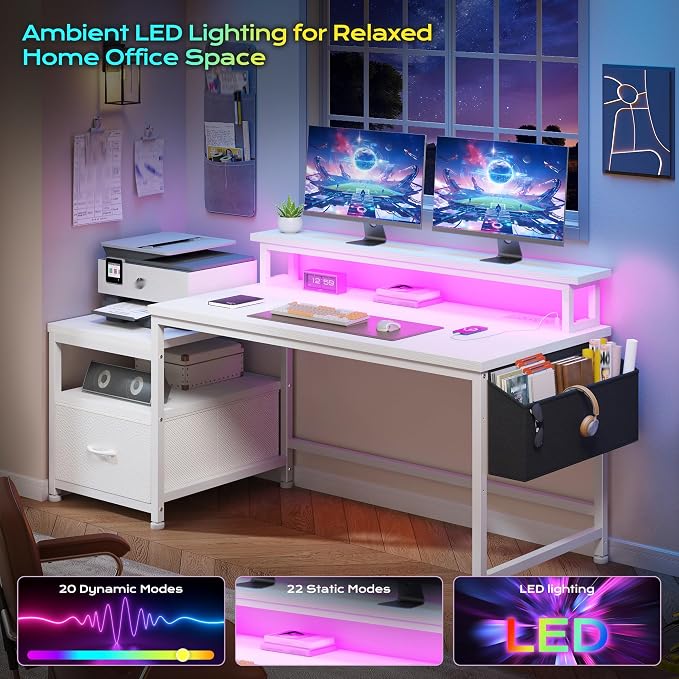 EnHomee 56.5" Office Desk with Drawers & Printer Space for Home Work,White | Computer Desk with 3 AC Outlets& 2 USB Ports,Waterproof LED Strip Lights,Monitor Stand & Side Pockets,Home Office,Bedroom