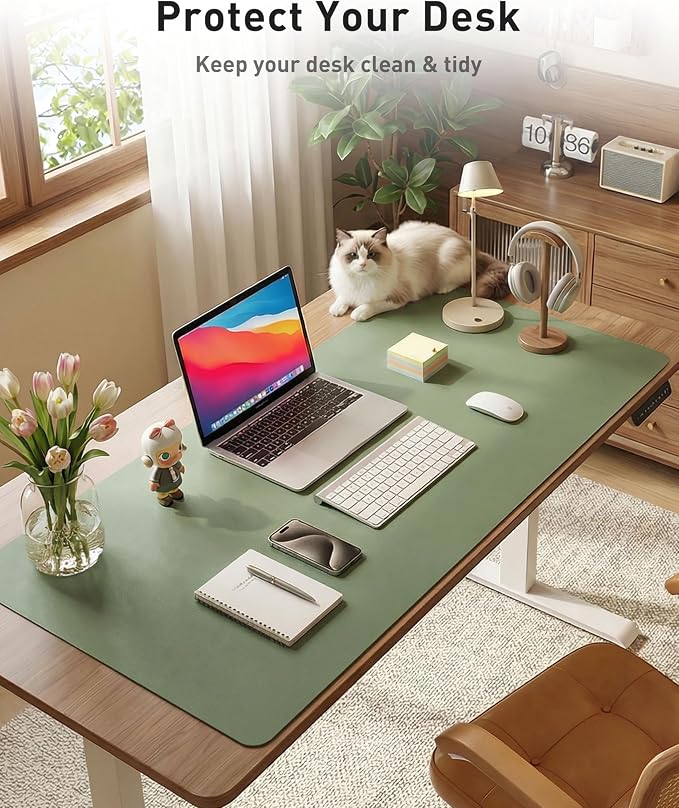 Aothia Faux Leather Desk Mat - Large Mouse Pad, Non-Slip PU Leather Blotter, Waterproof Writing Surface for Office and Home (Olive Green, 42" x 17")