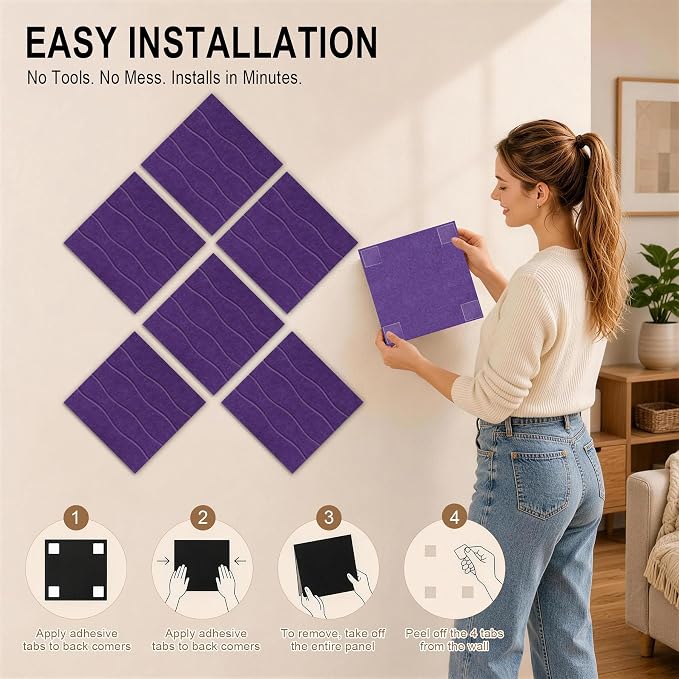 AKONEGE Felt Bulletin Board Tiles 12 Pack, 48" x 36" Cork Board Alternative, DIY Pin Board Wall Tiles for Photo Wall, Vision Board, Dorm Room & Home Office Decor, Stick-On with Adhesive Tabs, Violet