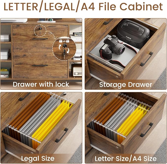 SEDETA 44" File Cabinet with Lock, Filing Cabinet fits Legal/Letter Size | Rustic Brown Lateral 2 Drawer Filing Cabinets for Home Office with Lock, Power Strip, 6 Storage Shelves, Wheels and 4 Hooks