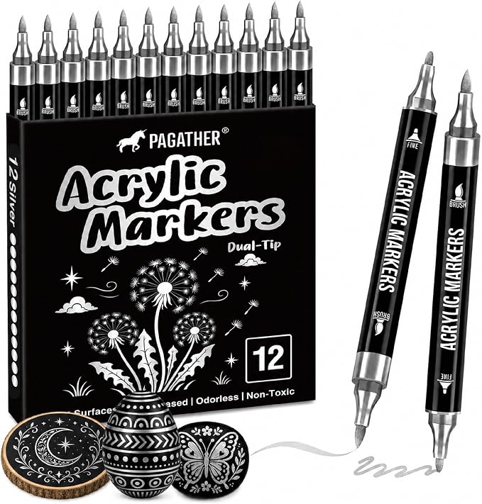 Pagather Silver Acrylic Paint Markers, 12 Dual Tip with Fine Tip and Brush Tip Pens for Fabric, Stone, Wood, Canvas, Ceramic, Metal, Glass, Rock Painting, DIY Crafts