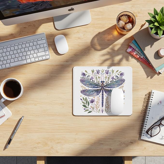 Floral Dragonfly Mouse Pad, Inspirational Together We Find Joy and Beauty Mouse Pads Mousepad for Desk Home Office Dorm Computers Laptop, Aesthetic Office Supplies Desk Accessories, 9.5x7.9 Inch