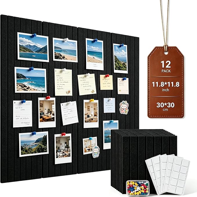 48" x 36" Large Felt Bulletin Cork Board 12PCS 60 Adhesives 50 Pushpins | Bulletin Board Pin Board, Sound-Dampening Damage-Free Mounting, Dorm Essential Wall Decor for Home & Officice, Black