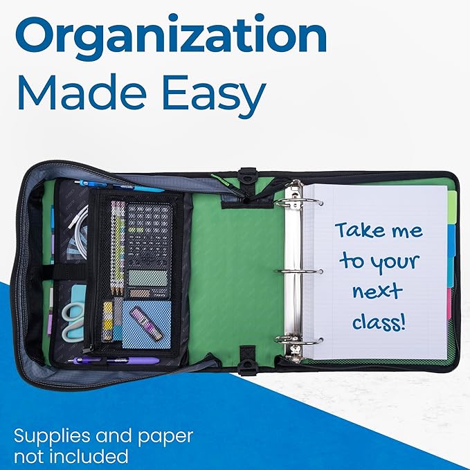 Case-it Mighty Zip Tab School Zipper Binder | 3-Inch O-Rings, 600-Sheet Capacity, 5-Subject Expanding File Folder, Multiple Pockets & Storage Organizer, Shoulder Strap | D-146 Canopy Green (Pack of 6)