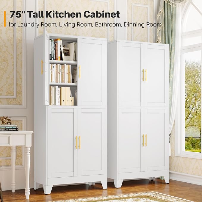 winiowa 75" Tall Kitchen Pantry Cabinet, Metal Storage Cabinet with Doors and Adjustable Shelves, White Freestanding Pantry Cabinet for Kitchen, Dining Room, Living Room, Laundry Room, Bathroom