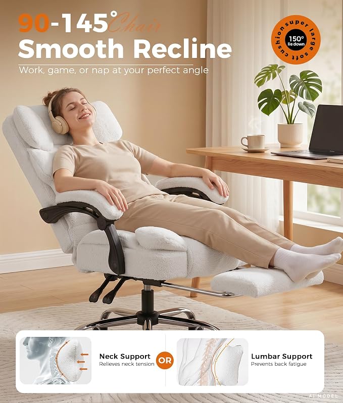 GTPLAYER Big and Tall Office Chair with Pocket Spring Cushion & Ergonomic Lumbar Support for Lower Back Pain Relief, High Back Computer Gaming Chair with Foot Rest, Comfy Teddy Fleece, White