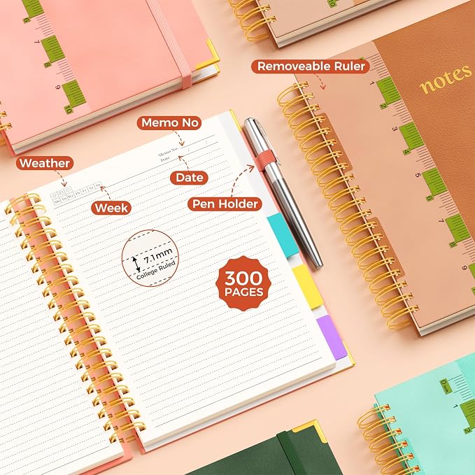 XYark A4 Hardcover Spiral Notebook, 8.5"x11" College Ruled Notebooks with Removable Dividers Tabs & Ruler, 5 Subject Notebook 300 Pages, Large Lined Journal for Women Men School Work Office, Orange