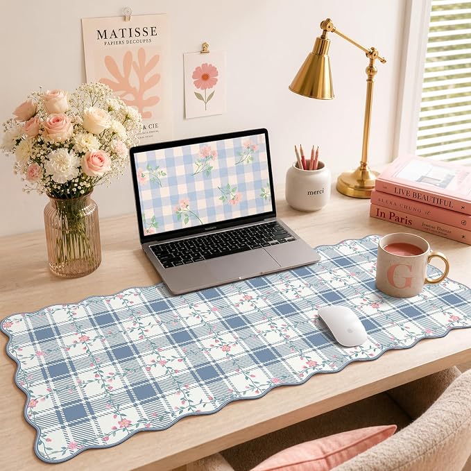 iCasso Light Blue Mousepad 35.4"x15.7", Keyboard Pad for Workspace | Cubicle Floral Desk Pad Featuring Stitched Edges, Kawaii Scalloped Mousepad for School Workspace Computer Setup