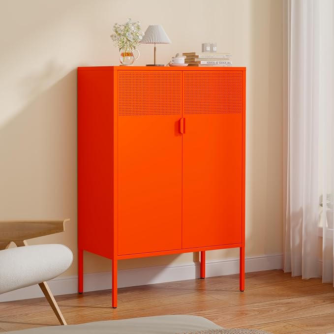 3-Tier Metal Storage Cabinet with 2 Adjustable Shelves & Mesh Doors | Metal Locker Accent Cabinet with Legs, Orange Storage Cabinets, Metal TV Stand Cabinet for Home Office, Entryway & Hallway