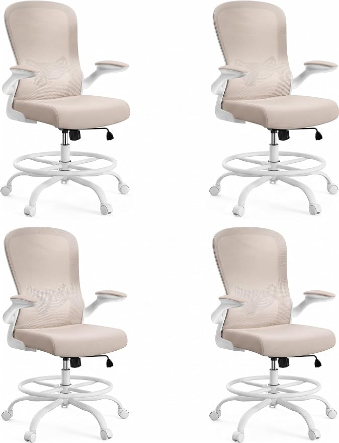 ErGear Drafting Chair,Tall Office Chair with Flip-Up Armrests, High Desk Chair Adjustable Height and Adjustable Footrest Ring, Ergonomic Standing Desk Chair with Lumbar Support, Khaki,4 Pack