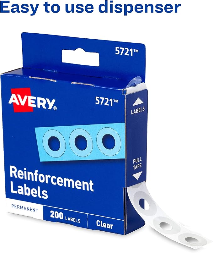 Avery Self-Adhesive Hole Reinforcement Stickers,1/4" Diameter Hole Punch Reinforcement Labels,Clear,Non-Printable,200 Labels (5721),(Pack of 2)