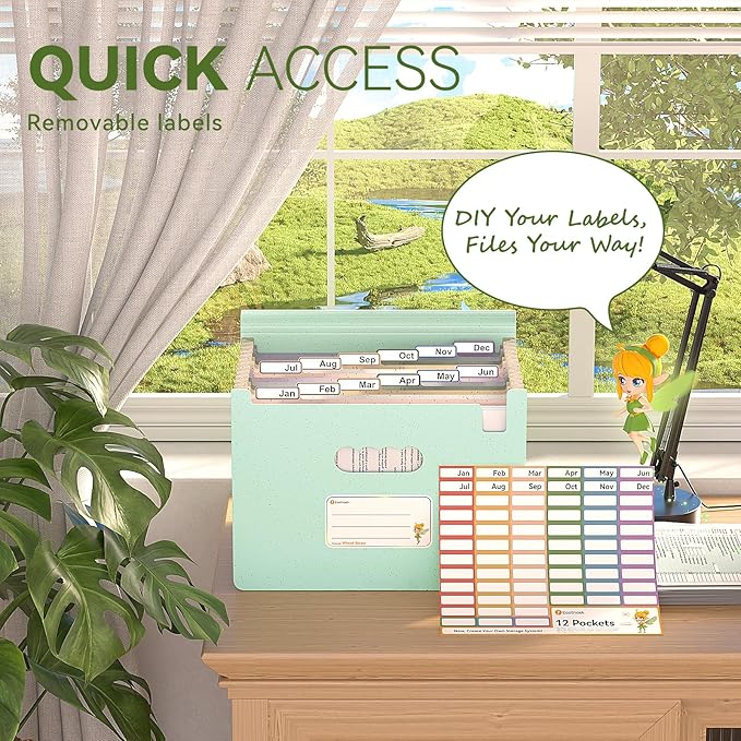 Accordion File Organizer, 12-Pocket Wheat Straw Expanding File Folder, Portable Monthly Bill & Tax Receipt Organizer, Letter/A4 Size Document Holder with Colorful Tabs-Mint Green