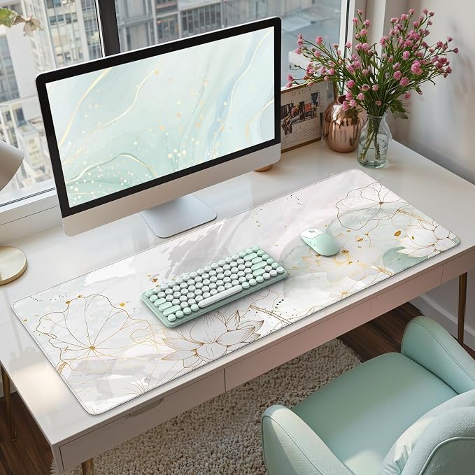 iCasso Desk Cover Mat, Extra Large Lotus Mouse Pad, Green Lotus Leaf | Desk Pad Mat, Office Matt for Desktop Protector, Anti-Slip XXL Big Mousepad with Stitched Edges for Laptop Computer Keyboard