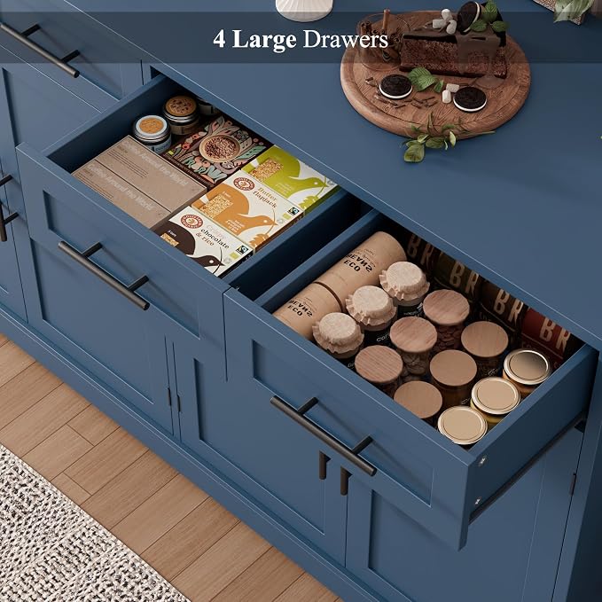 HOSTACK 60" W Sideboard Buffet Cabinet with Storage, Kitchen Cabinet, Blue | 36" Tall Kitchen Buffet Storage Cabinet with 4 Drawers, Large Coffee Bar Cabinet, Modern Buffet Table for Dining Living Room