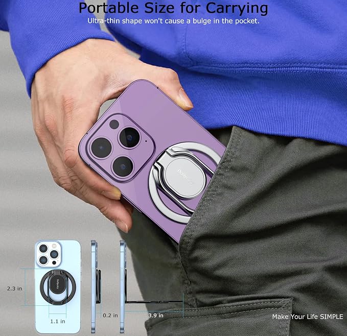 Doflyesky Magnetic Phone Grip Holder Kickstand, Gym Double Adjustable Finger Ring Grip and Stand, Compatible with PopSockets MagSafe Ring Removable for iPhone (Silver)
