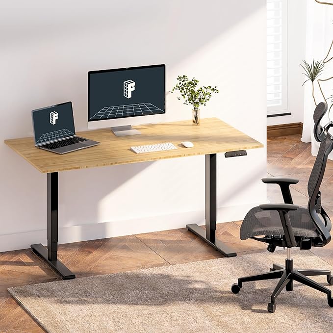 FlexiSpot E6 Bamboo 3-Stage Dual Motor 60 x 30 Electric Standing Desk Sit Stand Up Desk, Holds 220 lbs, Adjustable Height w/ Memory Presets, Solid Bamboo Desktop & Black Frame, Ships in 2 Boxes