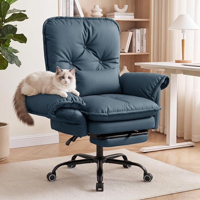 Criss Cross Office Chair with Flip Arms & Footrest, Comfy Desk Chair,Blue | Cross Legged Office Chair, Wide Seat Reclining Desk Chair with Wheels, Vanity Chair with Pocket Spring Seat and Side Pockets