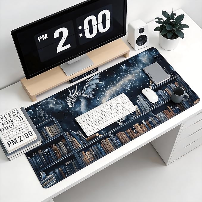 Aesthetic Dragon Gaming Mouse Pad, Black Blue Mystical Desk Mat with Anti-Slip Base & Stitched Edges, Computer Keyboard & Laptop Pad, 35.4" x 15.7" in in Workstation Accessories