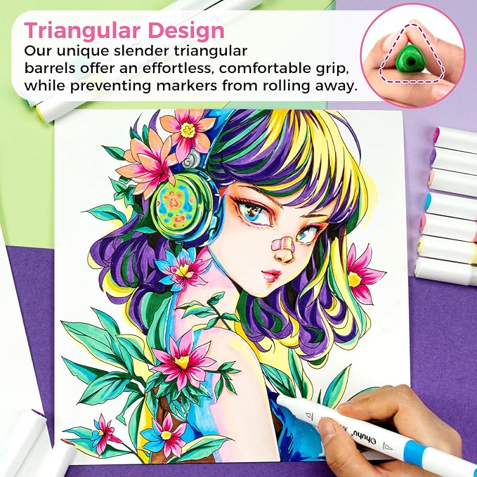 Ohuhu Alcoohol Markers Brush Chisel 48 Colors for Beginner Great Value Pack | Dual Tips Alcohol-based Art Markers for Adult Coloring Illustration, Great Value Pack for Beginners with Unique Designed Grip