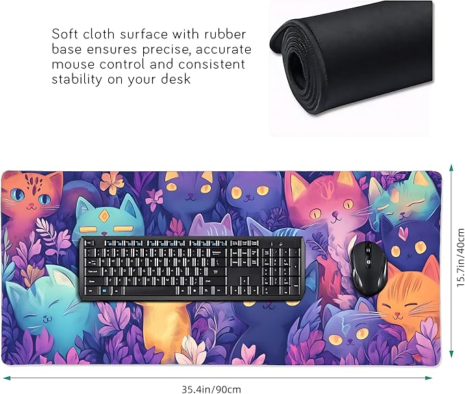 Cute Anime Cats Gaming Mouse Pad, Candy Anime Desk Mat with Anti-Slip Base & Stitched Edges, Office & Home Desk Decor for Women, 35.4" x 15.7" in Computer Desktop Mat