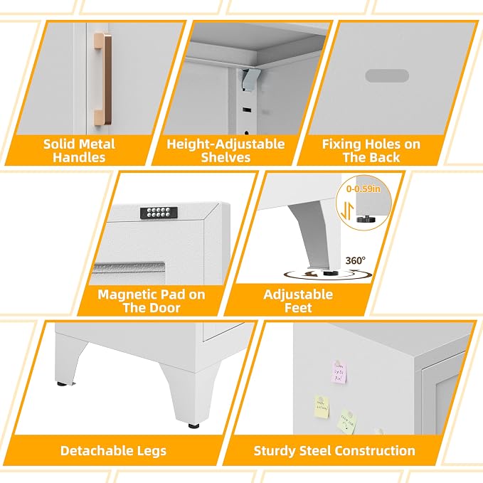 67"H White Metal Locker with 1 Lockable Door and 4 Adjustable Shelves For Employees, 5 Tier Thin Storage Cabinet with Detachable Legs and Gold Handle for Kitchen,Office,Gym,School,Easy Assembly 2Pcs